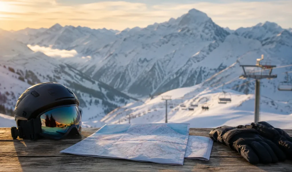 Vue panoramique d'une grande station de ski suisse avec pistes enneigées et remontées mécaniques au soleil