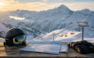 Vue panoramique d'une grande station de ski suisse avec pistes enneigées et remontées mécaniques au soleil