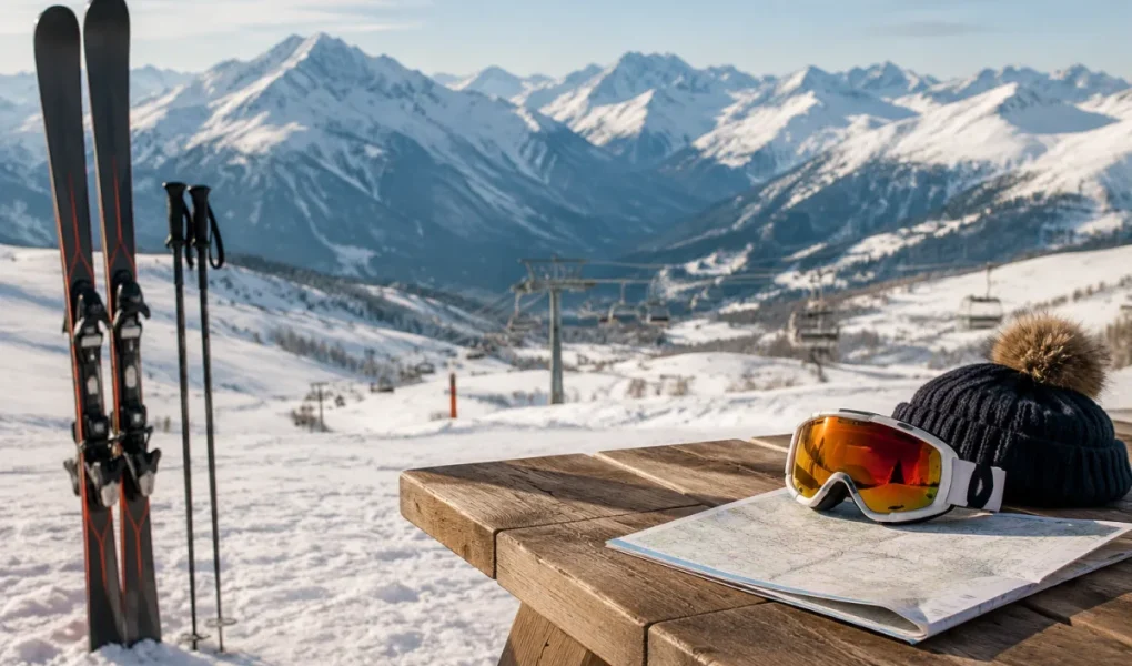 Vue panoramique d'une station de ski animée avec skieurs sur les pistes et remontées mécaniques en fonctionnement