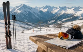Vue panoramique d'une station de ski animée avec skieurs sur les pistes et remontées mécaniques en fonctionnement