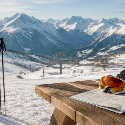 Vue panoramique d'une station de ski animée avec skieurs sur les pistes et remontées mécaniques en fonctionnement