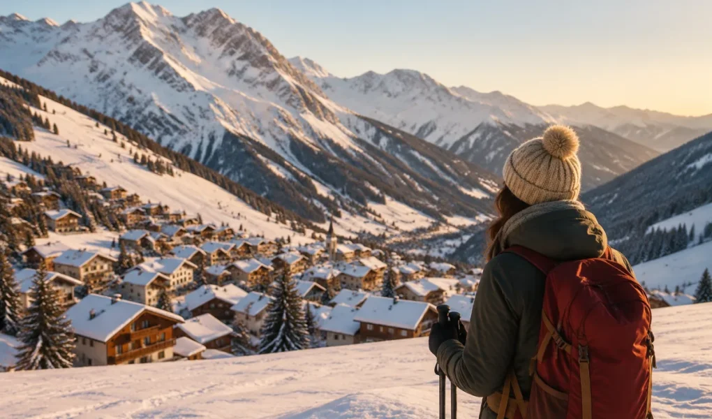 Vue panoramique d'un village de montagne enneigé avec pistes accessibles et chalets typiques au pied des sommets