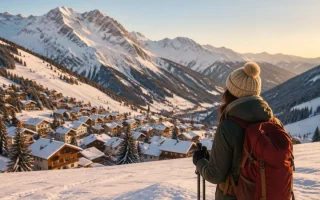 Vue panoramique d'un village de montagne enneigé avec pistes accessibles et chalets typiques au pied des sommets