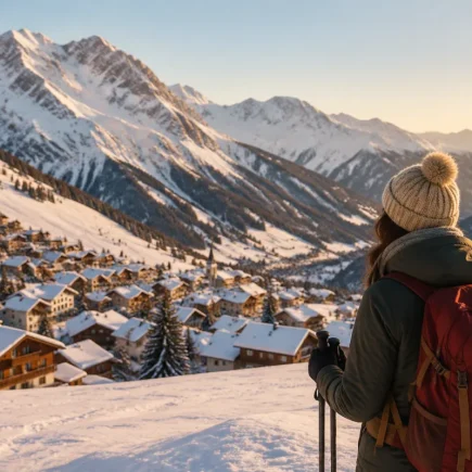 Vue panoramique d'un village de montagne enneigé avec pistes accessibles et chalets typiques au pied des sommets