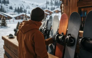 Rayonnage de snowboards et boots alignés dans un magasin de location en station de montagne