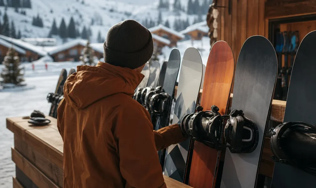 Rayonnage de snowboards et boots alignés dans un magasin de location en station de montagne