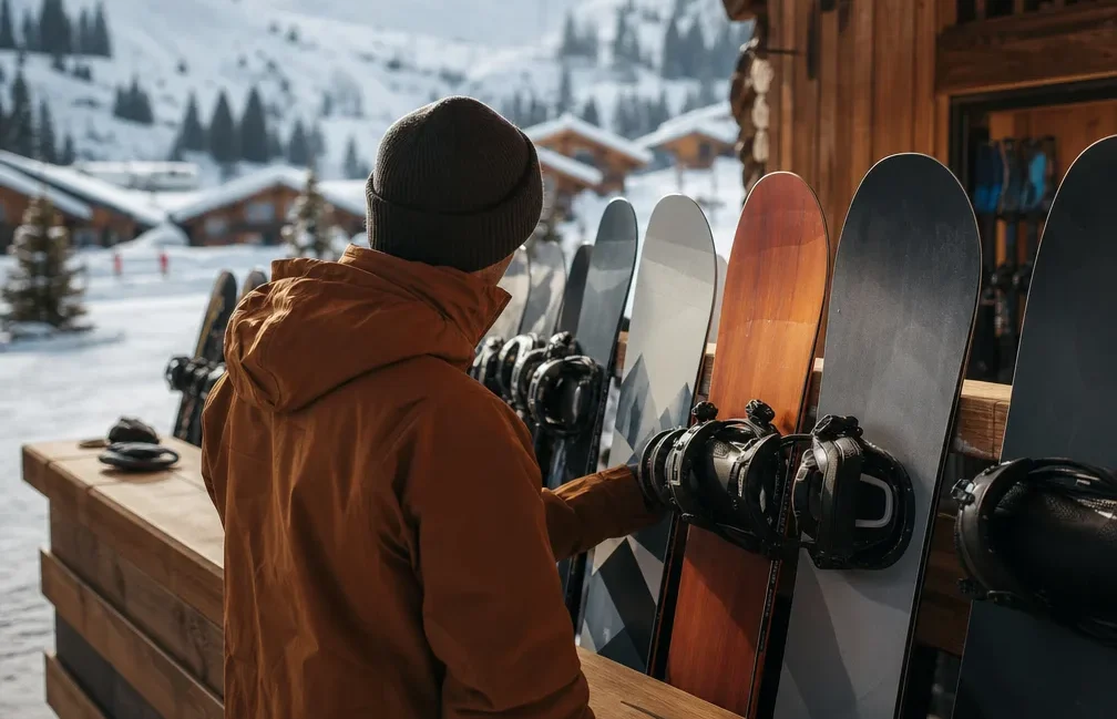 Rayonnage de snowboards et boots alignés dans un magasin de location en station de montagne