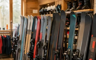 Vue d'ensemble d'un rayon de skis colorés alignés dans un magasin de sport de montagne