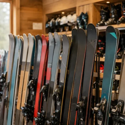 Vue d'ensemble d'un rayon de skis colorés alignés dans un magasin de sport de montagne